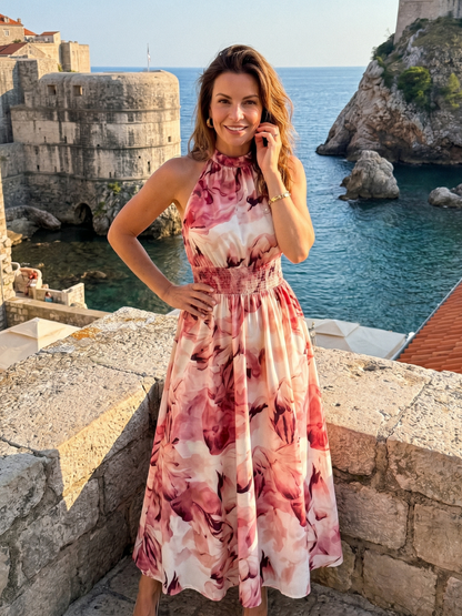Simona | Midi šaty s nabíraným pásom a abstraktným vzorom
