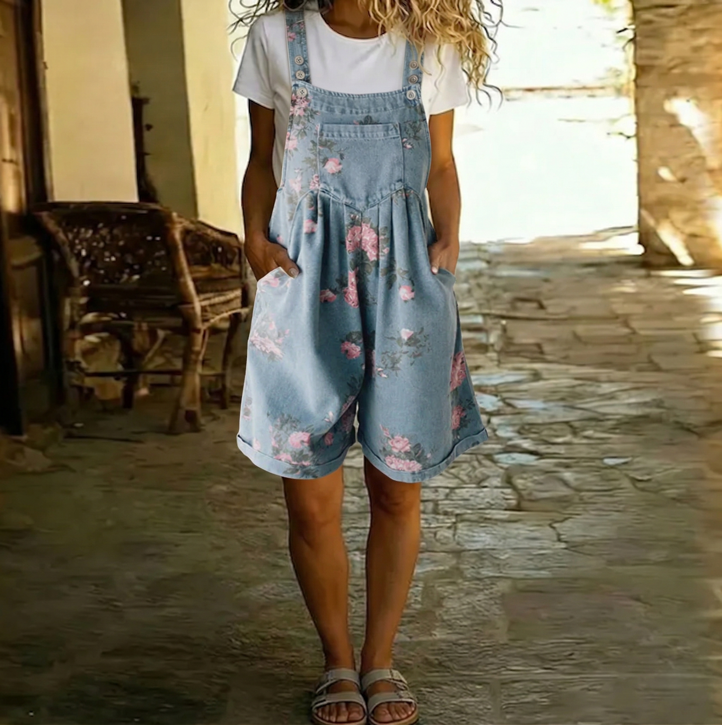 Judita - Vintage overal z opraného kvetovaného denimu