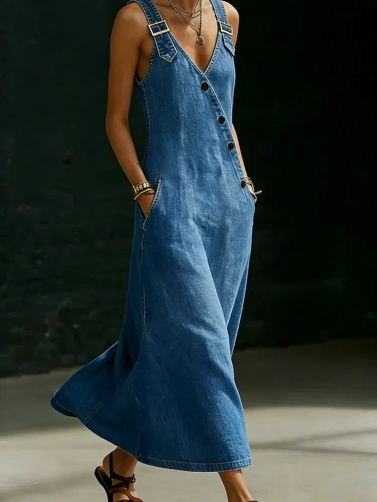Běla - Dlhé vintage denimové šaty s knoflíky